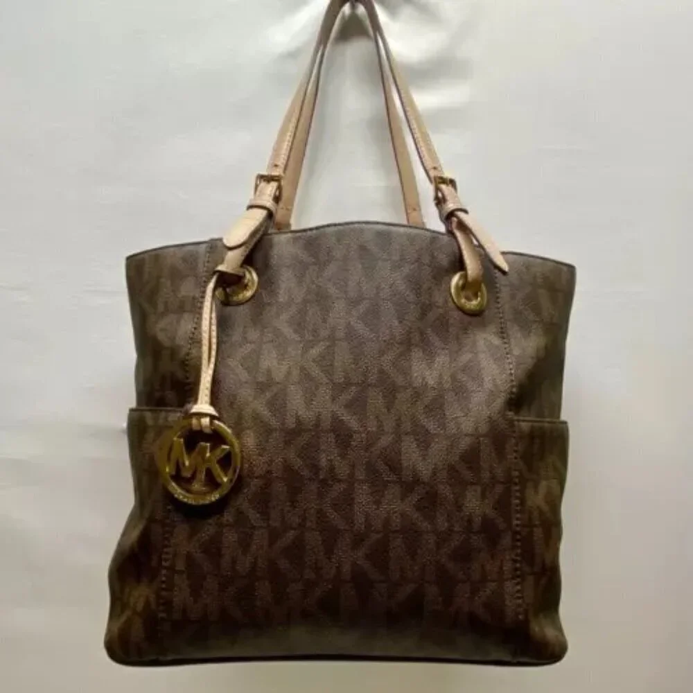 Michael Kors Signature Jet Set East West Top‎ Zip Tote Brown Khaki Saffiano EUC